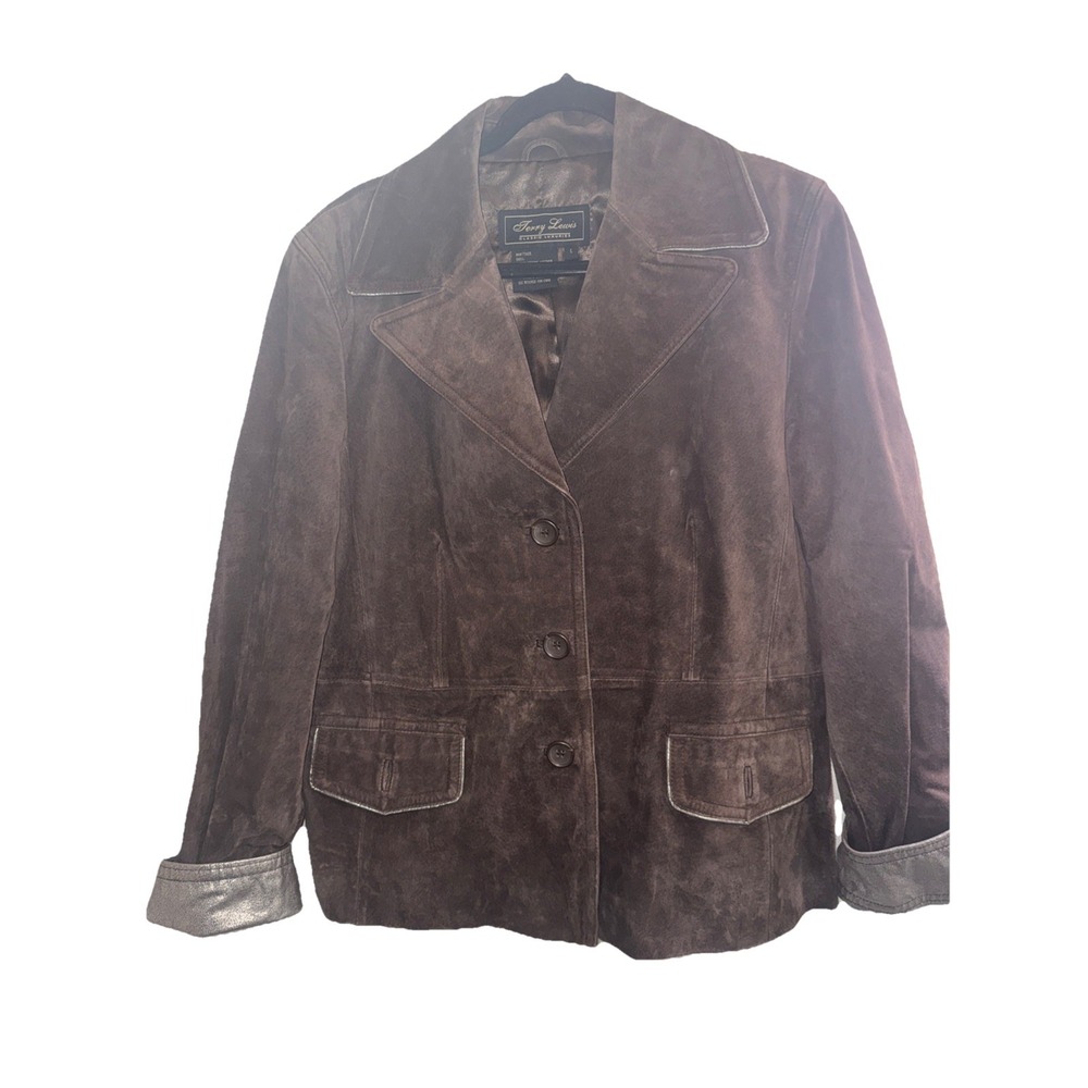 Vtg Brown Suede Leather Jacket Silver Trim Blazer L 90s